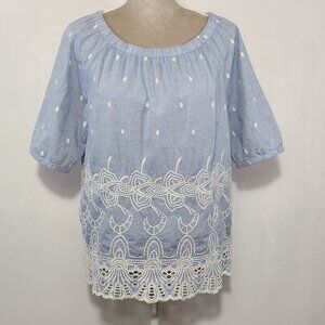 Talbots Women's Size M Blue Eyelet Embroidered Short Sleeve Elastic Neckline Top